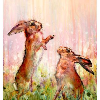 The image depicts two whimsical, human-like rabbits standing upright amongst colorful brush strokes suggesting a vibrant, abstract forest background. By Lee Scammacca