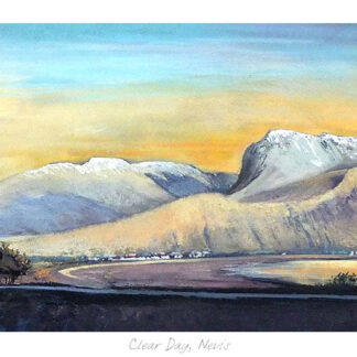 A panoramic painting depicting a tranquil landscape with mountains, a body of water, and a colorful sky at sunset or sunrise. By Margaret Evans