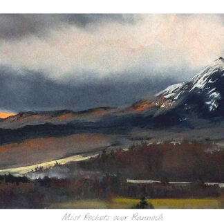 The image depicts a scenic landscape featuring a snow-capped mountain under a dramatic cloudy sky with hints of orange hues near the horizon. By Margaret Evans