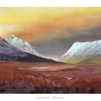 A panoramic painting depicting a valley with snow-capped mountains under a warm, glowing sky, signed by the artist in the lower right corner. By Margaret Evans