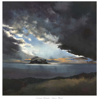 A painting of a dramatic cloudy sky breaking to reveal sunlight over a solitary rock in the sea, viewed from a grassy shoreline. By Margaret Evans