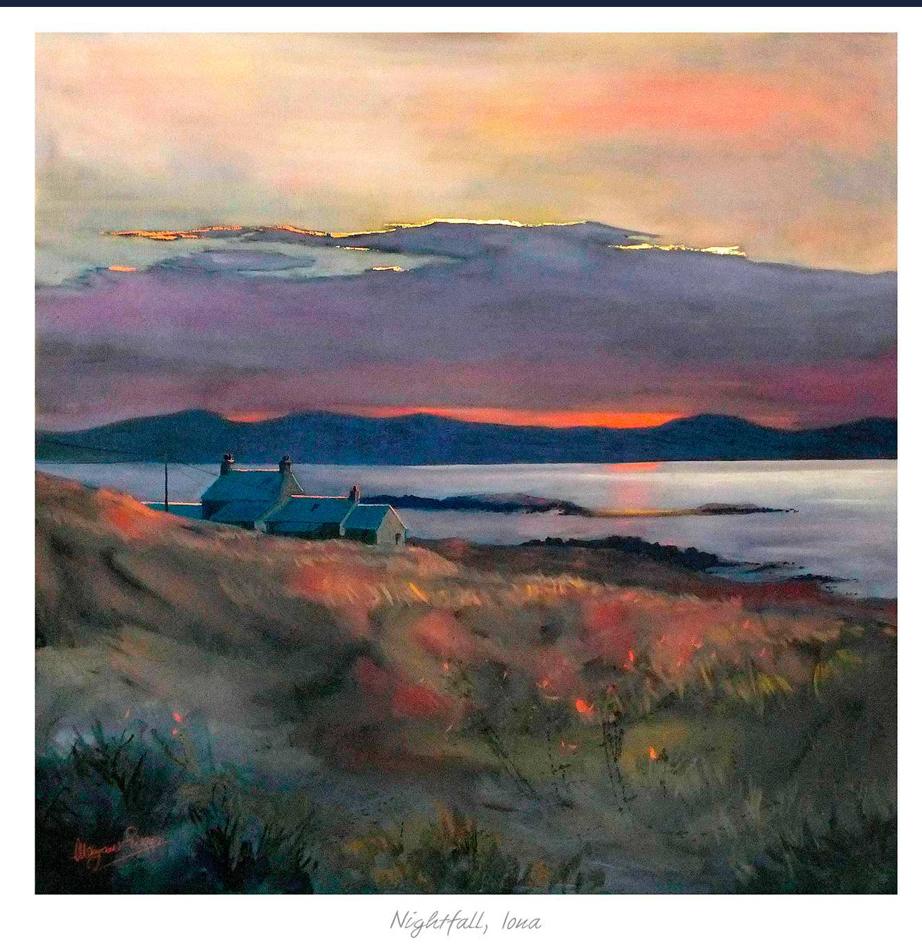 A painting depicting a sunset with vibrant skies above a coastal landscape featuring small buildings and a calm sea. By Margaret Evans