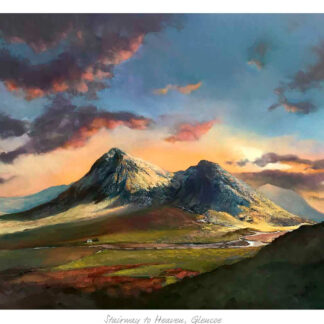 A vibrant painting of a mountainous landscape with dramatic clouds at sunset, titled 'Stairway to Heaven, Glencoe.' By Margaret Evans