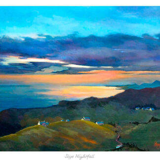 A vibrant painting depicting a coastal landscape at dusk with illuminated houses and a colorful sky. By Margaret Evans