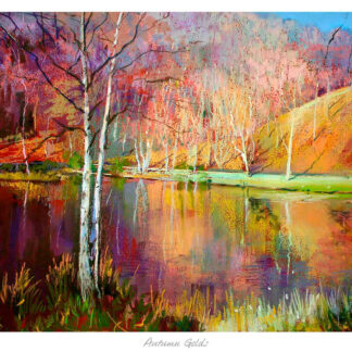 The image depicts a vibrant, colorful impressionist-style painting of a serene landscape with trees, a body of water, and reflections. By Kate Philp