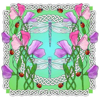A symmetrical illustration featuring pink flowers, green leaves, ladybugs, and Celtic knot patterns on a cyan background.