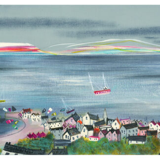 A colorful coastal village with boats on the water and rolling hills in the background. By Nikki Monaghan