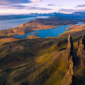 Old Man of Storr with the Black Cuillin mountains