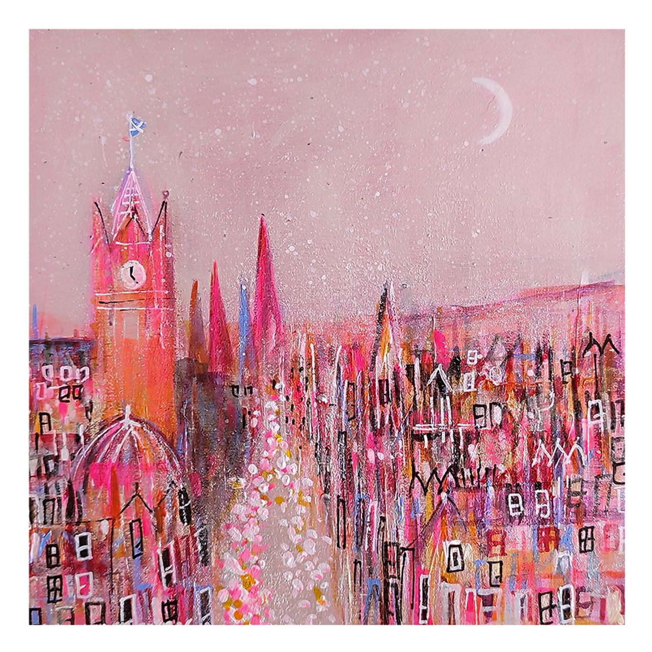 A colorful, abstract painting featuring a stylized cityscape with a prominent clock tower under a moonlit sky. By Nikki Monaghan