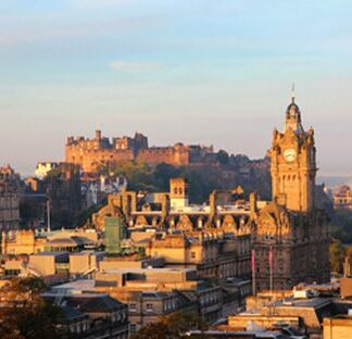 Panorama of Edinburgh in the early morning light at sunrise