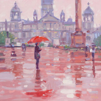 A painting of individuals walking on a rainy day with reflections on the wet ground, featuring a prominent red umbrella. By Peter Foyle