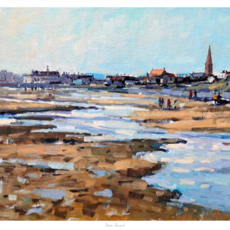 The image depicts a coastal landscape painting with figures on the beach, reflective water, and a town with a spire in the background. By Peter Foyle