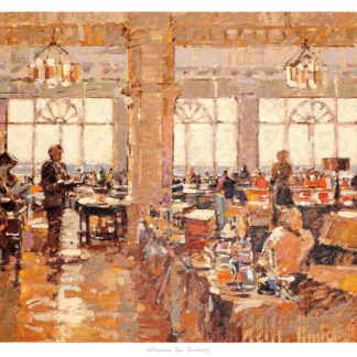 The image depicts an impressionistic painting of a bustling indoor scene, possibly a cafe or restaurant, with patrons seated at tables and an ornate ceiling above. By Peter Foyle