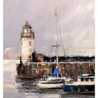 A painting of a sailboat moored by a jetty near Ardnamharg Lighthouse under cloudy skies. By Peter Foyle