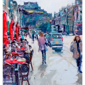 A vibrant painting of Castle Street in Edinburgh, featuring pedestrians, outdoor seating, and vehicles under a cloudy sky. By Peter Foyle