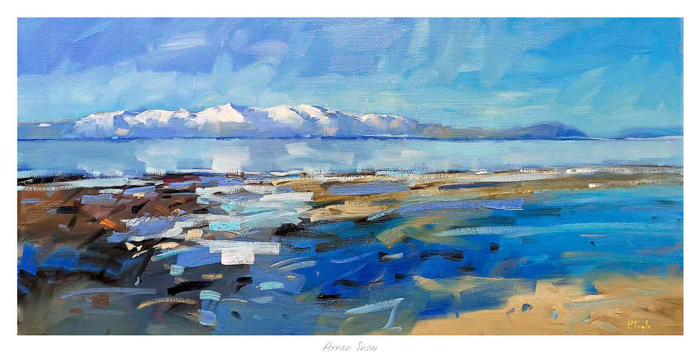 A vibrant painting of a coastal landscape with blue skies, clouds, distant mountains, and a rocky shoreline. By Peter Foyle