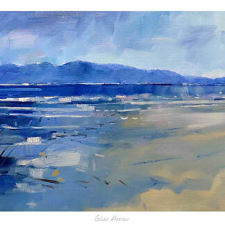 A serene blue-toned painting depicting a wide, calm seascape with reflections on water and a mountain range in the distance. By Peter Foyle