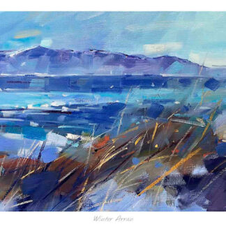 The image depicts an impressionistic painting of a landscape featuring a mountain range overlooking a blue body of water with expressive brushwork and a blend of colors. By Peter Foyle