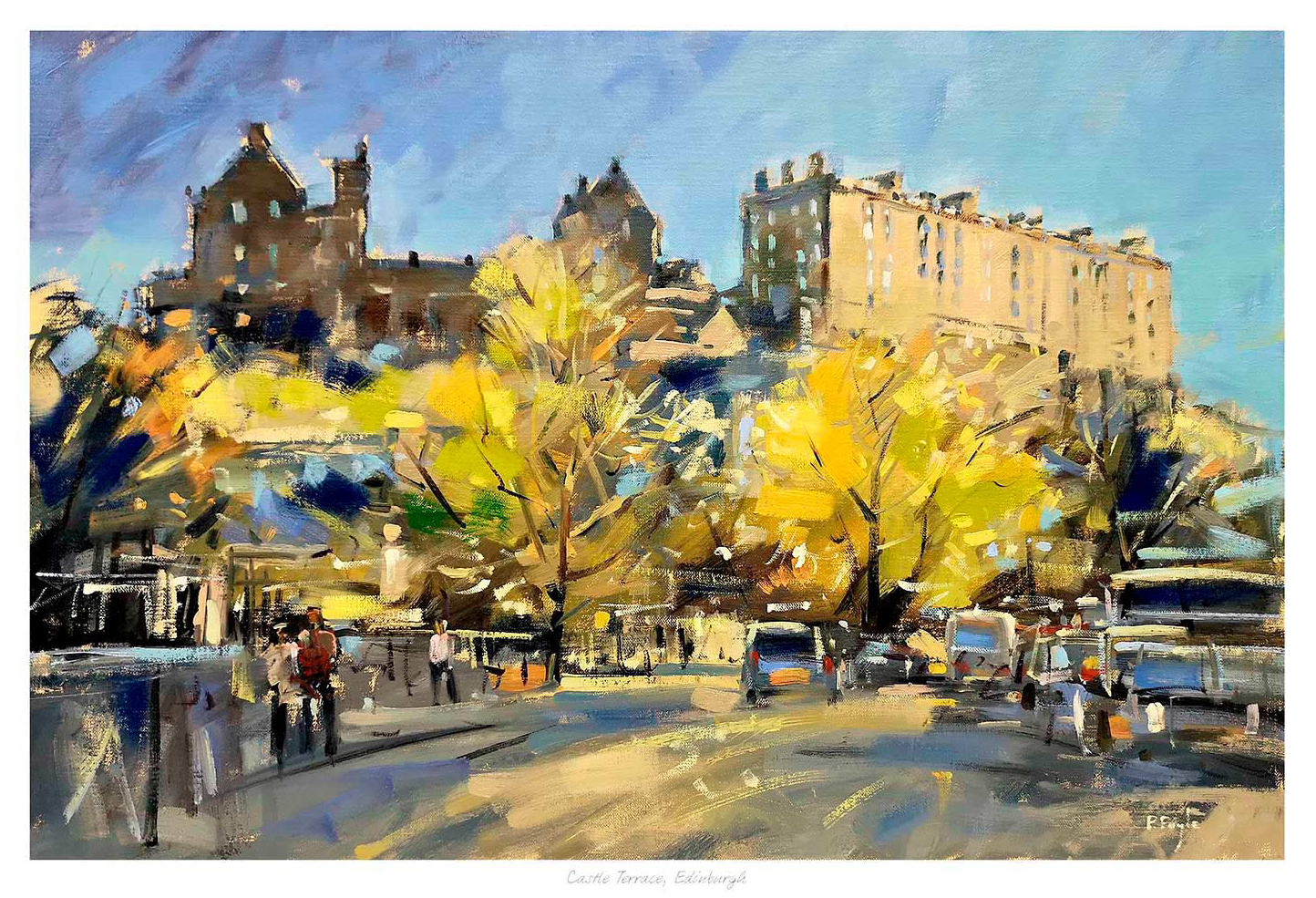 The image is a vibrant painting of a bustling street scene with people and cars, with Edinburgh Castle in the background under a bright sky. By Peter Foyle