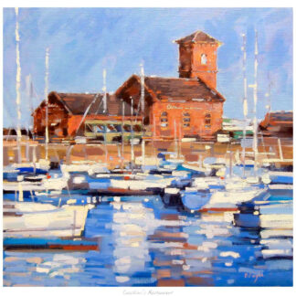 A painting of a harbor with boats and a building with a clock tower under a blue sky. By Peter Foyle