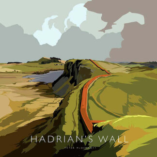 A stylized illustration of Hadrian's Wall stretching across a hilly landscape under a cloudy sky. By Peter McDermott
