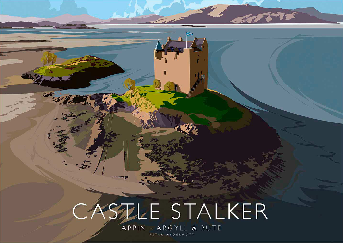 A stylized illustration of Castle Stalker with surrounding water, islands, and mountains in the background, labeled with location details. By Peter McDermott