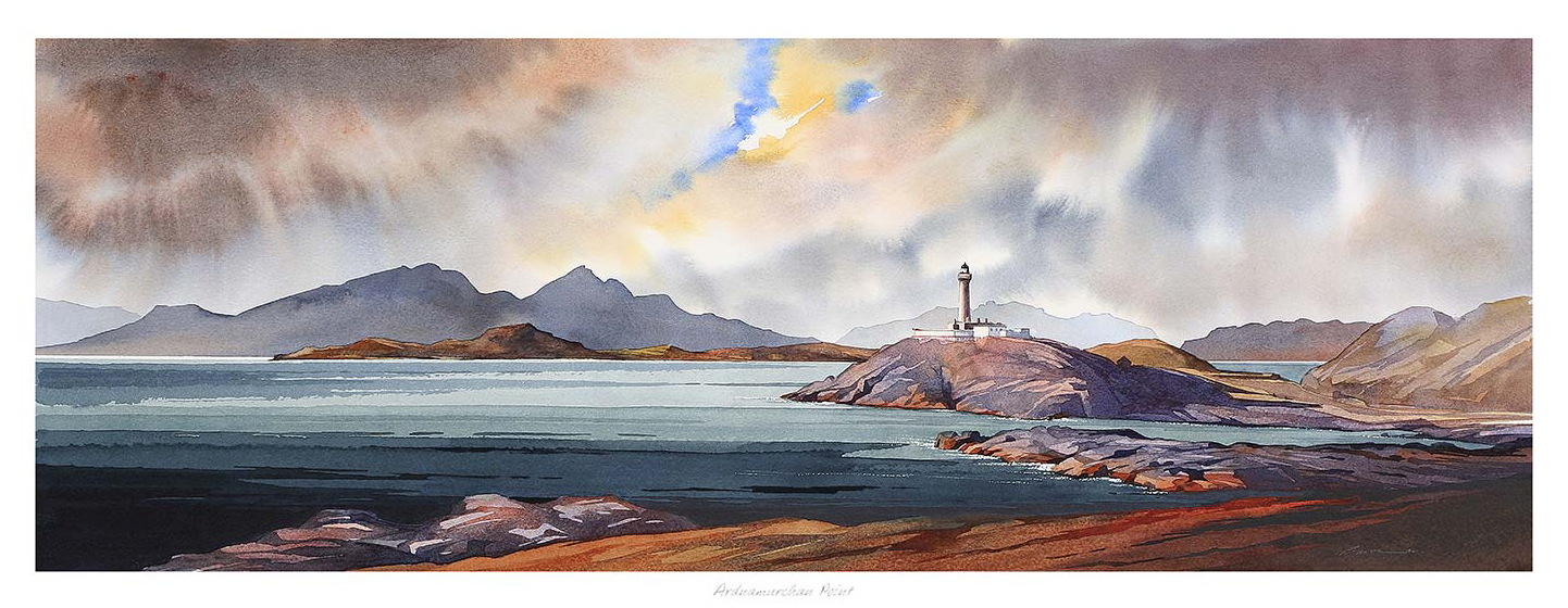 A watercolor painting of a coastal scene featuring a lighthouse with mountains in the background and dramatic cloud-streaked skies. By Peter Mcdermott