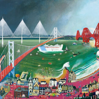 Colorful artwork depicting a vibrant coastal scene with distinctive bridges, a town, and various boats on the water. By Rob Hain