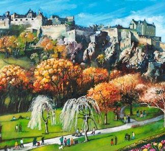 The image displays an impressionistic painting of a castle on a hill overlooking vibrant, colorful gardens with people strolling through. By Rob Hain
