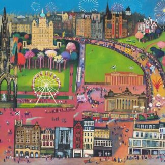 The image depicts a vibrant, colorful illustration of a busy cityscape with a variety of buildings, a Ferris wheel, fireworks, and numerous people. By Rob Hain