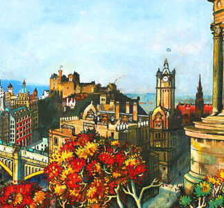 A colorful, stylized painting of a vibrant cityscape with eclectic architecture and a bridge, viewed from an elevated position. By Rob Hain