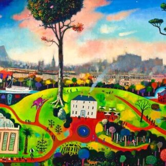 A vibrant, colorful landscape painting featuring a mixture of natural and built environments with a whimsical, dreamlike quality. By Rob Hain