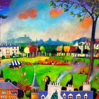 A vibrant and whimsical painting showcasing an eclectic cityscape with various buildings, a windmill, trees, and a colorful sky. By Rob Hain