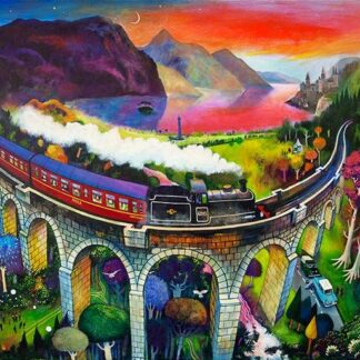 A colorful, vibrant painting depicting a whimsical landscape with a train crossing a bridge, surrounded by mountains, a castle, and a variety of fantastical elements.Magical Glenfinnan. By Rob Hain