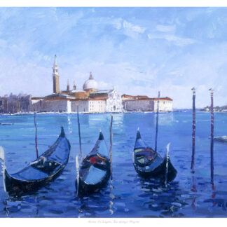 The image depicts three gondolas on the water with a historic building in the background under a blue sky, portrayed in an impressionist painting style. By Robert Kelsey