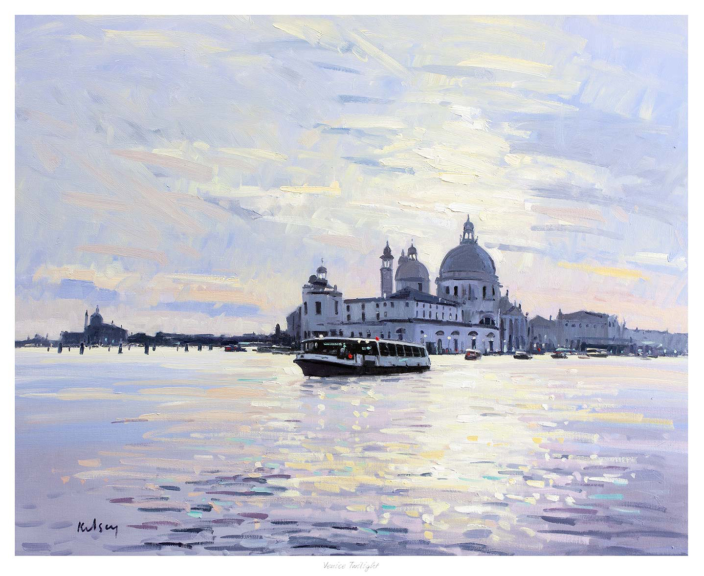 An impressionistic painting of a Venice waterscape with a boat in the foreground and St Mark's Basilica in the distance. By Robert Kelsey