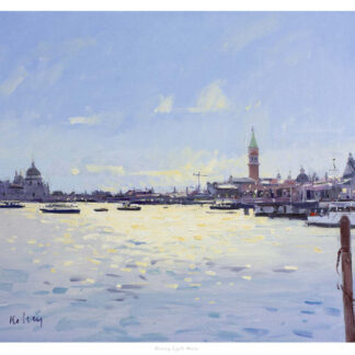 The image depicts a serene painting of a waterfront cityscape during evening light, with boats and buildings reflecting on the water's surface. By Robert Kelsey