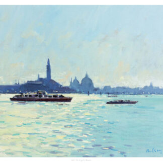 The image is a painting depicting boats on water with a city skyline in the background under a light blue sky. By Robert Kelsey