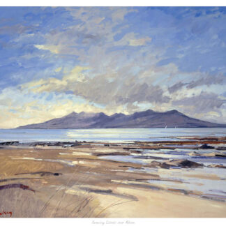 A painting depicting a serene coastal landscape with a mountain in the background and reflective water in the foreground under a cloudy sky. By Robert Kelsey