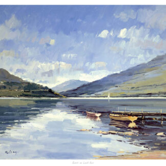 A serene landscape painting depicting boats on calm water with rolling hills and a cloudy sky in the background. By Robert Kelsey