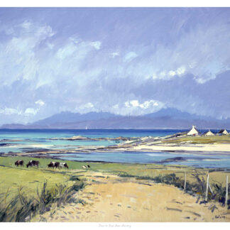 The image displays a coastal landscape painting with blue skies, a beach, turquoise water, grazing horses, and a lighthouse in the distance. By Robert Kelsey