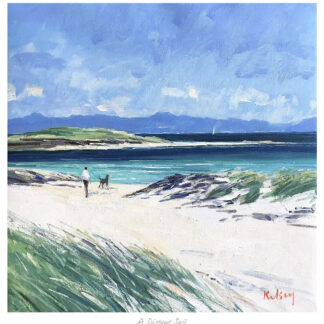 A painting of a person walking a dog by the seaside with a sailboat in the distance, under a cloudy sky. By Robert Kelsey