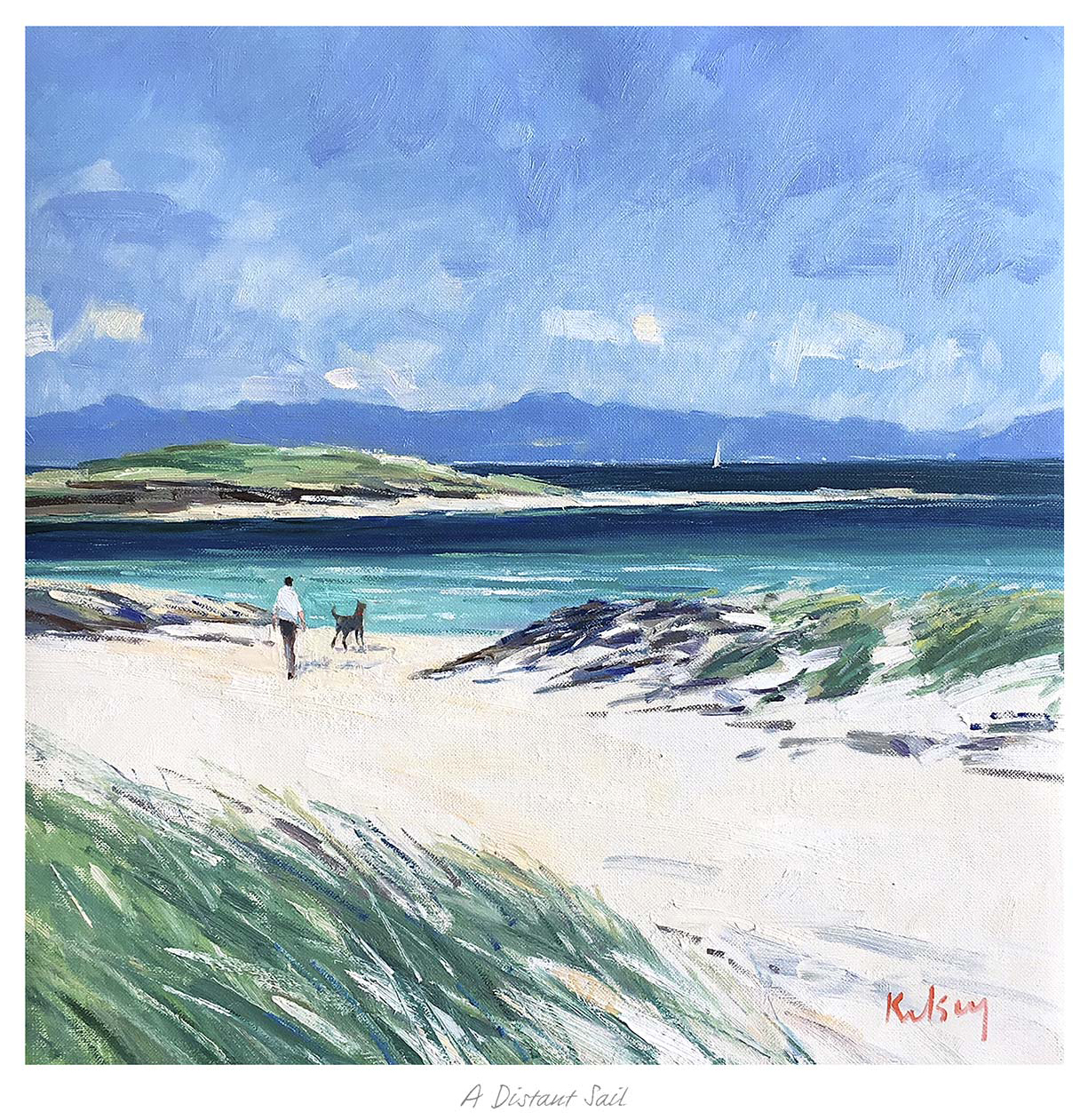 A painting of a person walking a dog by the seaside with a sailboat in the distance, under a cloudy sky. By Robert Kelsey