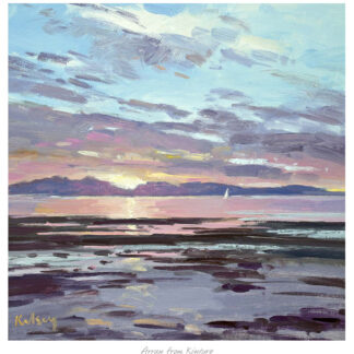 A painting of a serene coastal landscape with dramatic skies, reflecting waters, and a sailboat in the distance. By Robert Kelsey