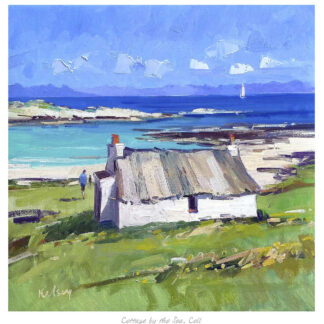 A painting of a white cottage by the sea with birds in the sky and a lighthouse in the distance. By Robert Kelsey