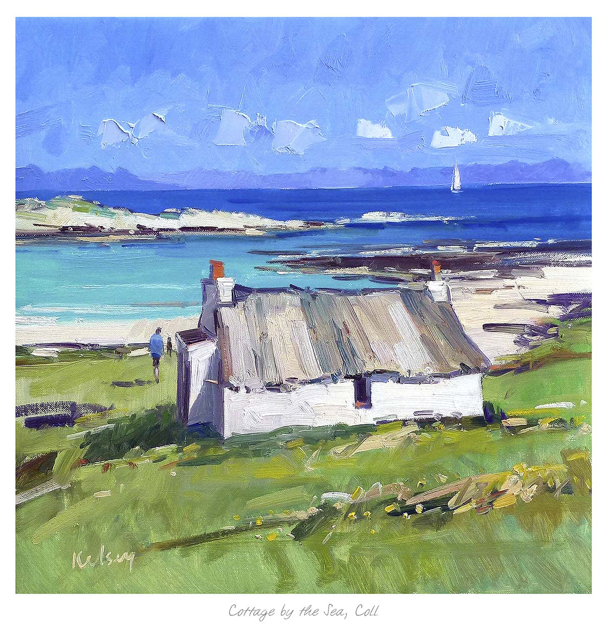 A painting of a white cottage by the sea with birds in the sky and a lighthouse in the distance. By Robert Kelsey