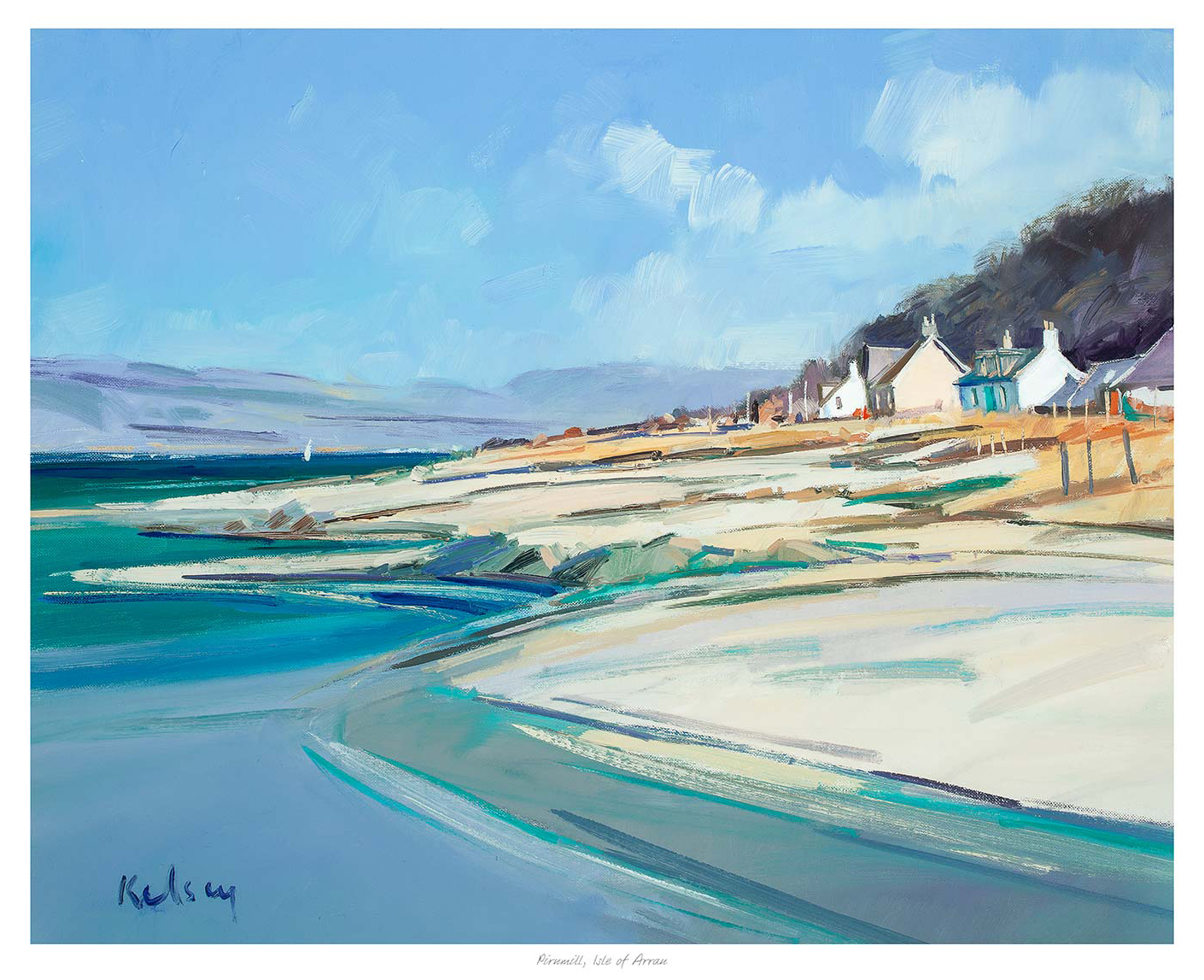 A vibrant painting of a serene beach with houses in the distance under a blue sky with wispy clouds. By Robert Kelsey