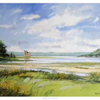 The image is a painting of a serene landscape with a tower-like structure near a body of water surrounded by greenery and hills under a cloudy sky. By Robert Kelsey