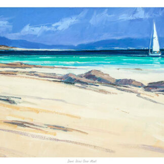 A vibrant painting depicting a beach scene with a sailing boat on the water and rocky shores under a blue sky. By Robert Kelsey