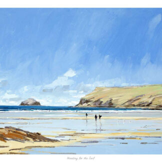 A painting depicts a beach scene with two people and a distant headland under a blue sky with clouds. By Robert Kelsey